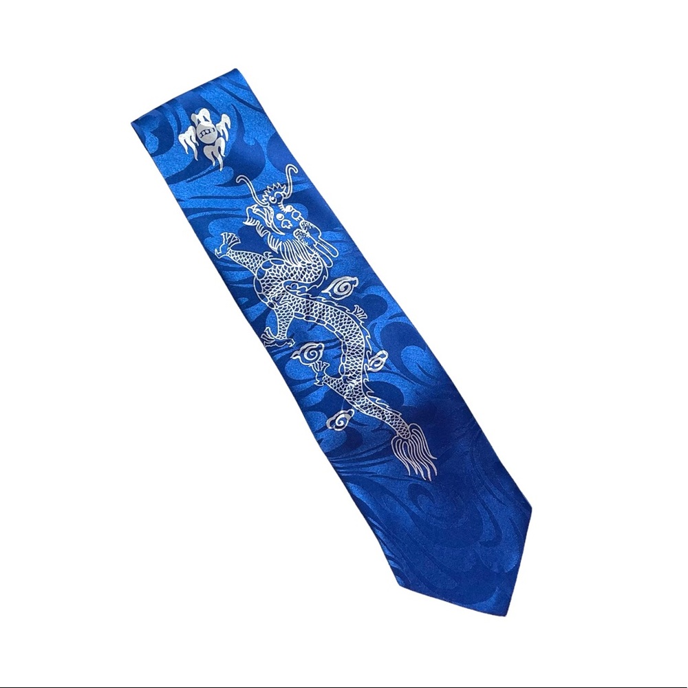 GOLD CITY Dragon Tie 100% Silk Handmade Blue
